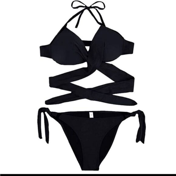 LAST ONE Women's Triangle Bikini top and bottom, Black X bikini, M - Picture 2 of 6